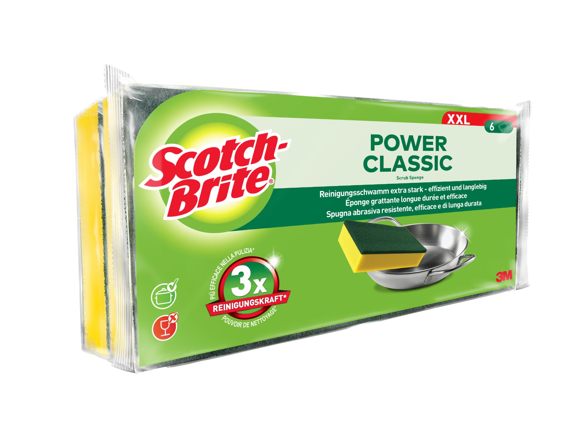 Der Scotch-Brite® Classic Reinigungsschwamm XXL von 3M Deutschland GmbH kommt im 6er-Pack mit grünen und gelben Schwämmen in extra starker Ausführung, langlebigem Design und 3-facher Reinigungskraft. Die Verpackung zeigt eine saubere Metallpfanne.