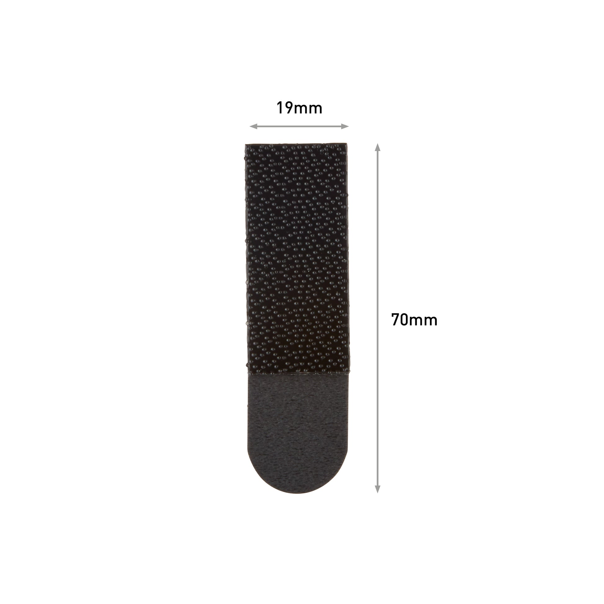 Der 3M Deutschland GmbH Mittelgroße schwarze Command™ Bilder-Montage Strips M 17201BLK (1 Stück) ist ein schwarzer, rechteckiger Streifen mit abgerundetem Ende und den Maßen 70 mm x 19 mm; Pfeile und Beschriftungen zeigen die Abmessungen auf einem schlichten weißen Hintergrund.