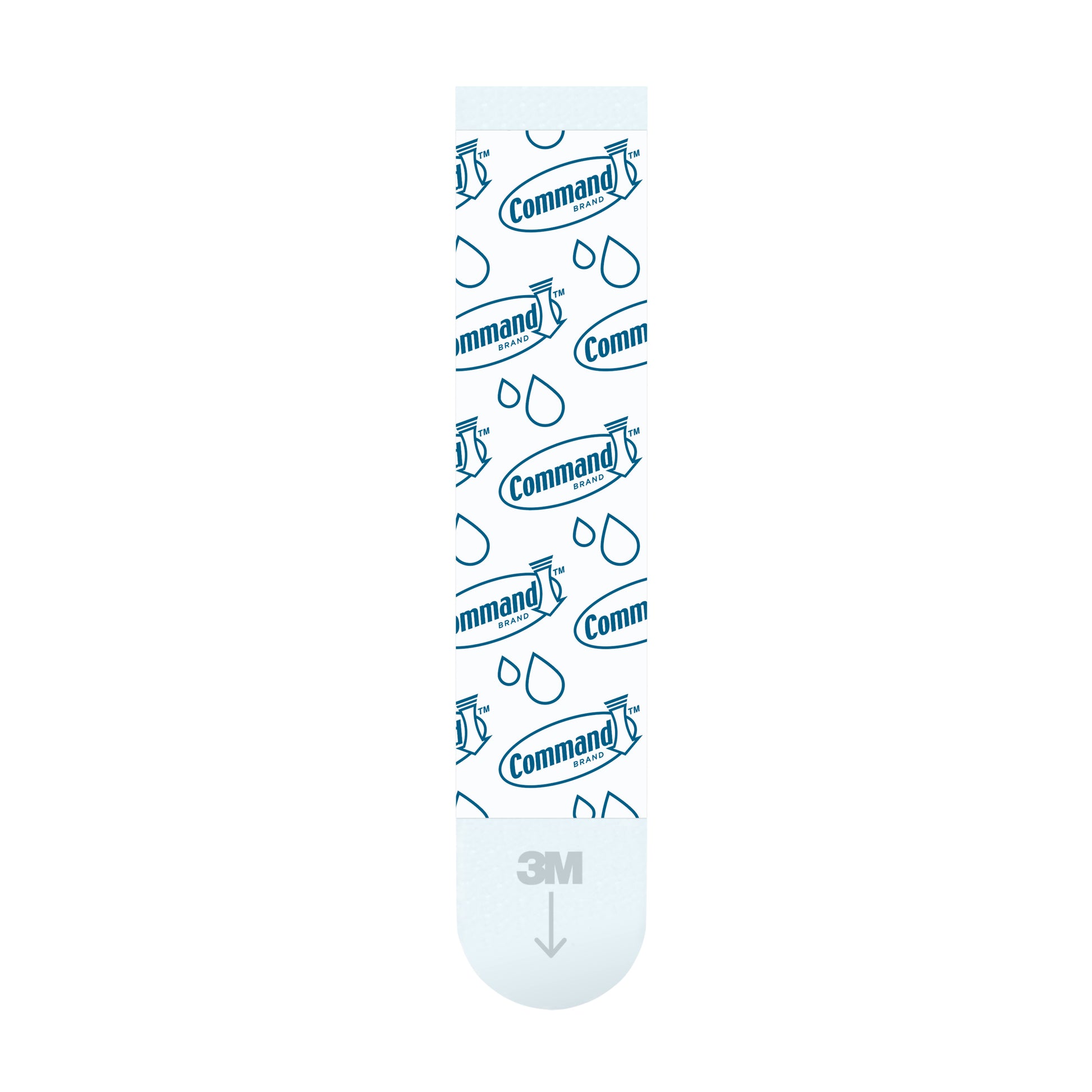 Ein einzelner weißer Command™ Bad Large Design-Haken-Klebestreifen (17083B, 3M Deutschland GmbH) mit blauen Command-Logos, Wassertropfensymbolen, einem grauen 3M-Logo und einem Pfeil nach unten am unteren Ende; abgerundetes Ende mit Zuglasche.