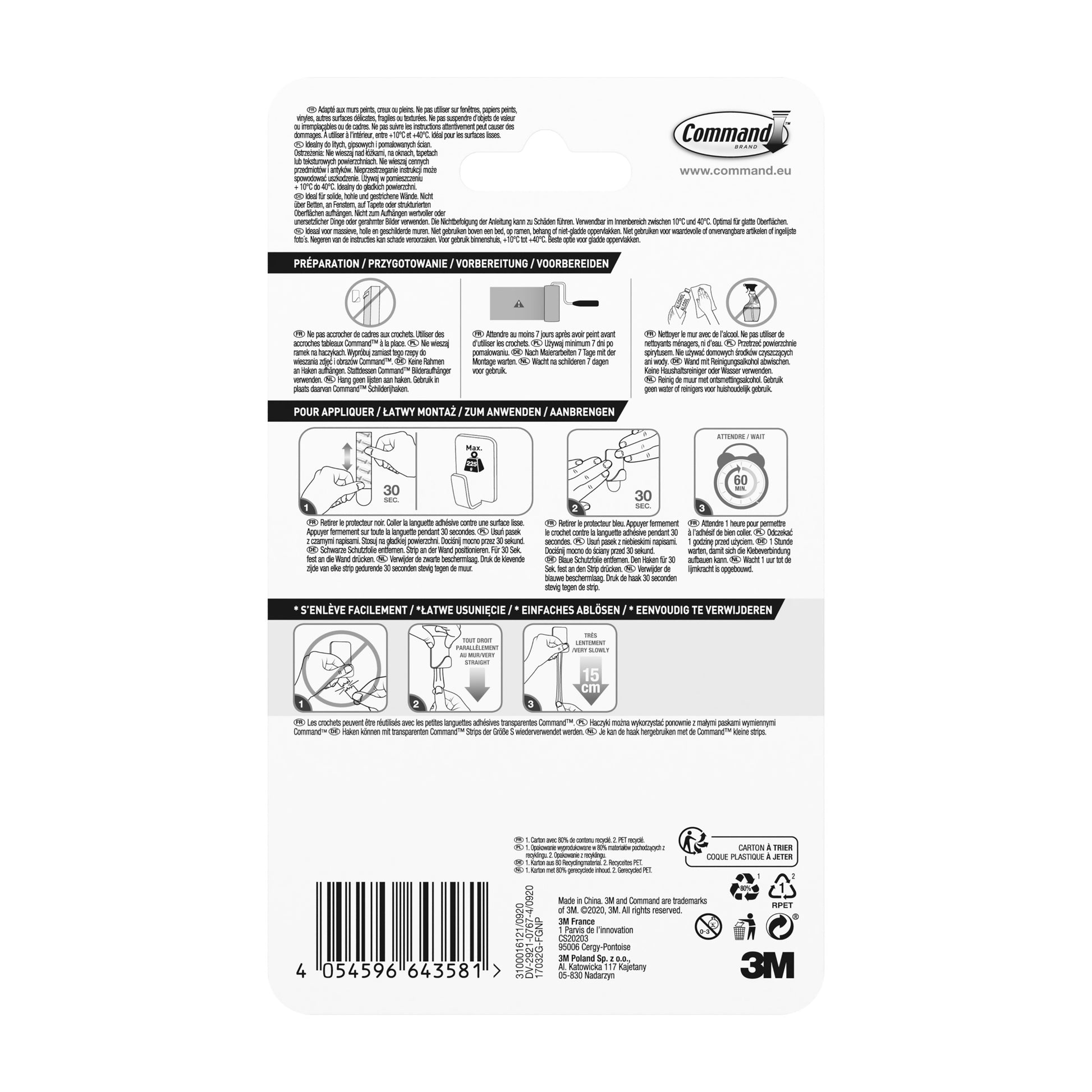 Rückseite einer 3M Command™ Metallhaken Größe S, Goldfarbe (17032BR-4ES) Packung mit mehrsprachiger Schritt-für-Schritt-Anleitung mit Abbildungen, Barcode, 3M Deutschland GmbH Logo und Produktinformationen in schwarz-weiß. Enthält 4 Haken & 5 Strips.