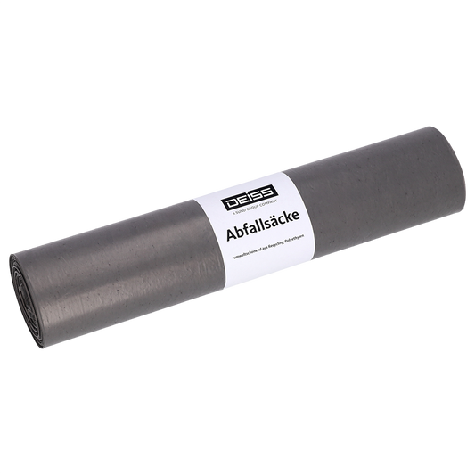 Abgebildet ist eine Rolle EMIL DEISS KG (GmbH + Co.) Abfallsäcke, DEISS 94020 - 550x650 mm Typ 60 grau | Rolle (25 Stück), mit weißem "Abfallsäcke"-Etikett, auf einfarbigem hellem Hintergrund.