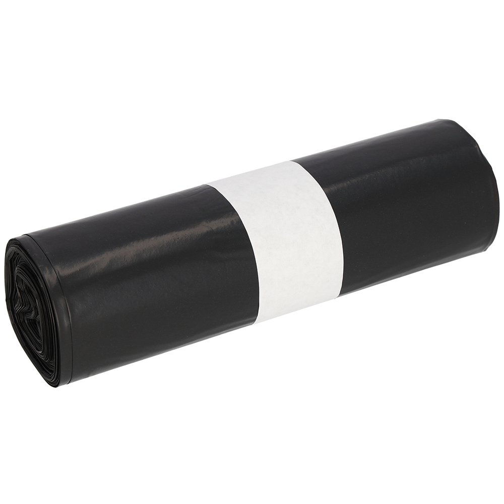 Abgebildet ist eine Rolle EMIL DEISS KG (GmbH + Co.) DEISS 95005 Müllbeutel, 200+180x540 mm Typ 70 schwarz (25 Stück), gesichert mit einem einfachen weißen Papierband, auf weißem Hintergrund.