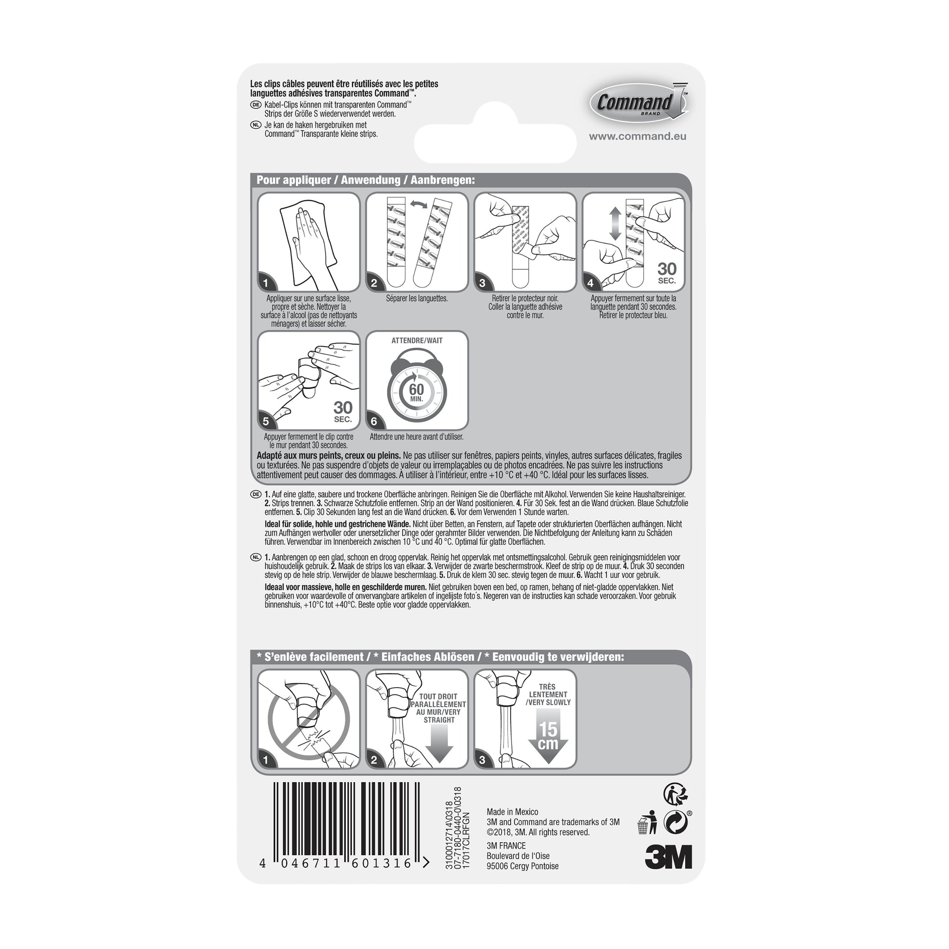 Die Rückseite einer Packung Command™ transparente Clips für runde Kabel (17017CLR, 4 Clips + 5 Streifen) von 3M Deutschland GmbH zeigt eine bebilderte Anwendungs-/Entfernungsanleitung, Sicherheitshinweise, Unternehmensangaben und den Barcode in Deutsch, Englisch und Französisch.