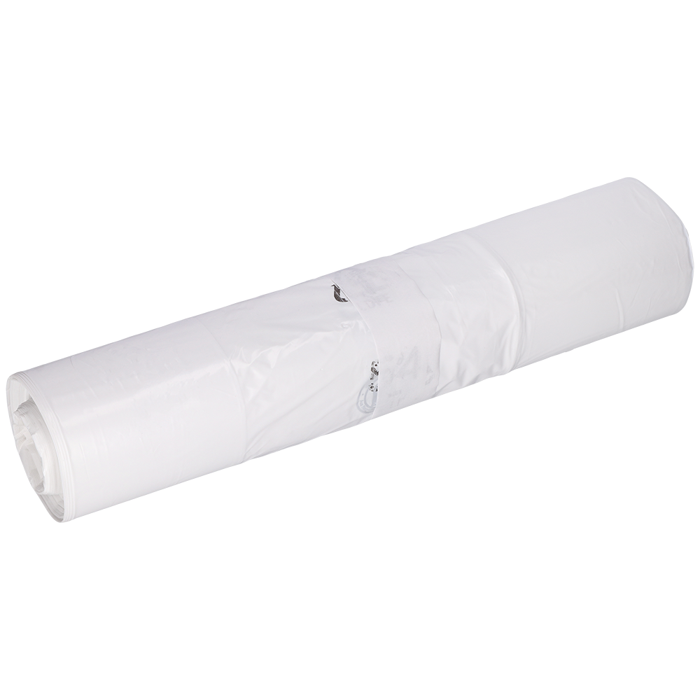 Ein aufgerollter EMIL DEISS KG Müllbeutel (DEISS 96030 - 400+200x700x0,035 mm weiß, Rolle mit 50 Stück) ist mit durchsichtigem Klebeband und einem kleinen Metallschlüsselring vor einem schlichten weißen Hintergrund befestigt.