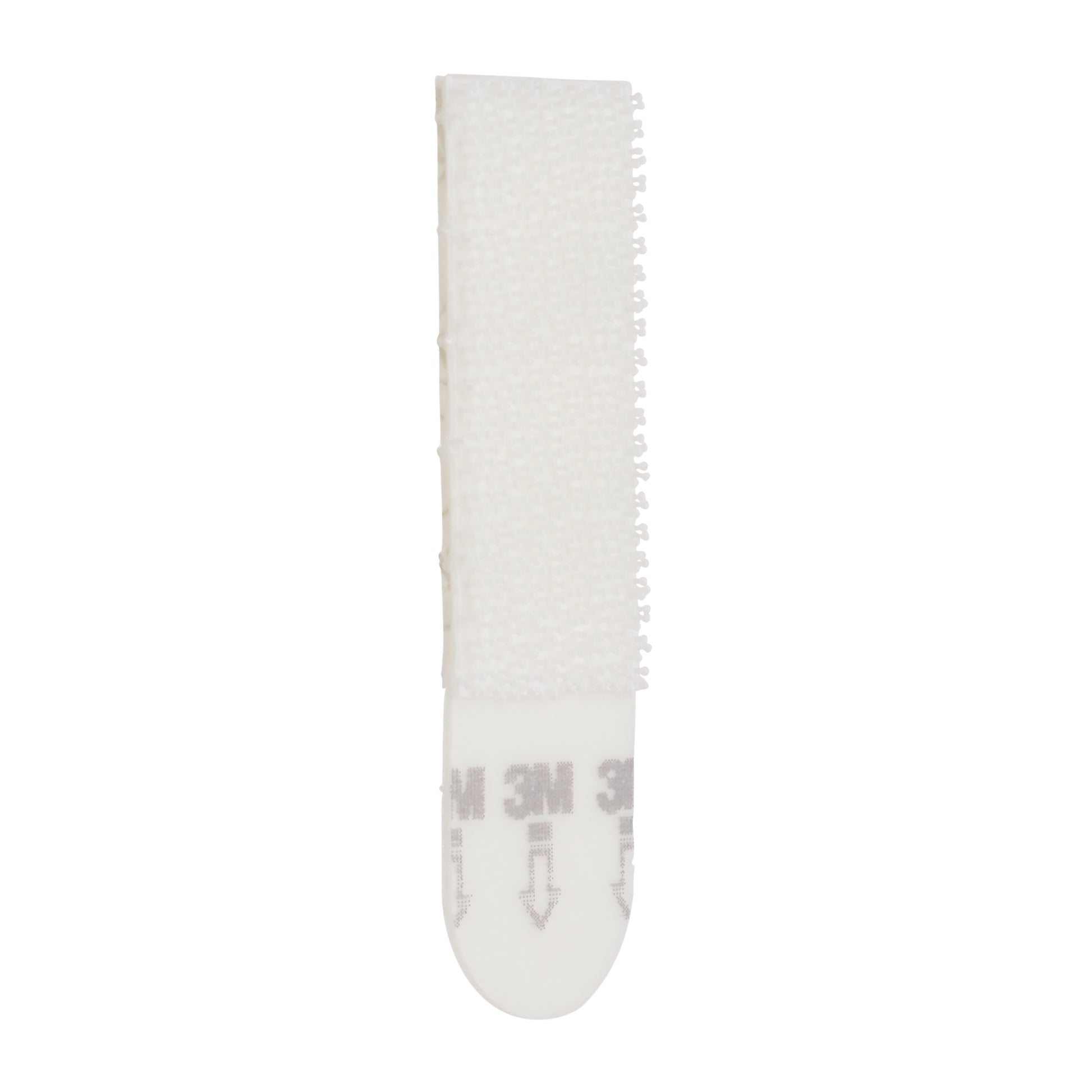 Kleine weiße Command™ Bilder-Montage Strip S 17202 von 3M Deutschland GmbH: Weißer Klebestreifen mit texturierter Nylon-Hakenfläche, rundem Papierabzieher und grauem "3M"-Aufdruck mit abwärts zeigenden Pfeilen.