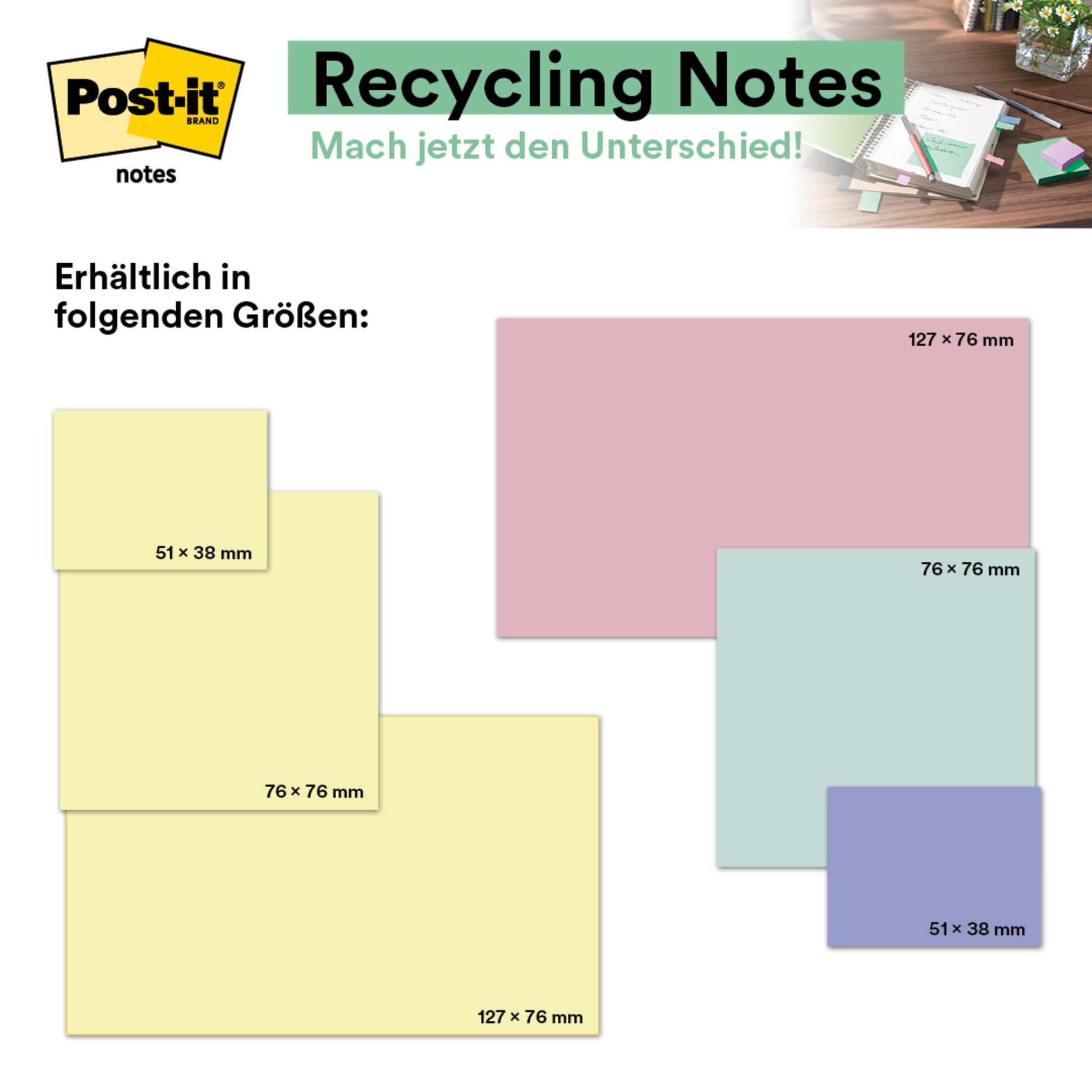 Eine deutsche Grafik zeigt 3M's Post-it® Recycling Notes (38 mm x 51 mm, 100 Blatt/Block, 100% PEFC) in Pastellfarben und verschiedenen Größen mit Millimeter-Etiketten sowie eine Schreibtischszene, die die Notizen im Gebrauch zeigt.