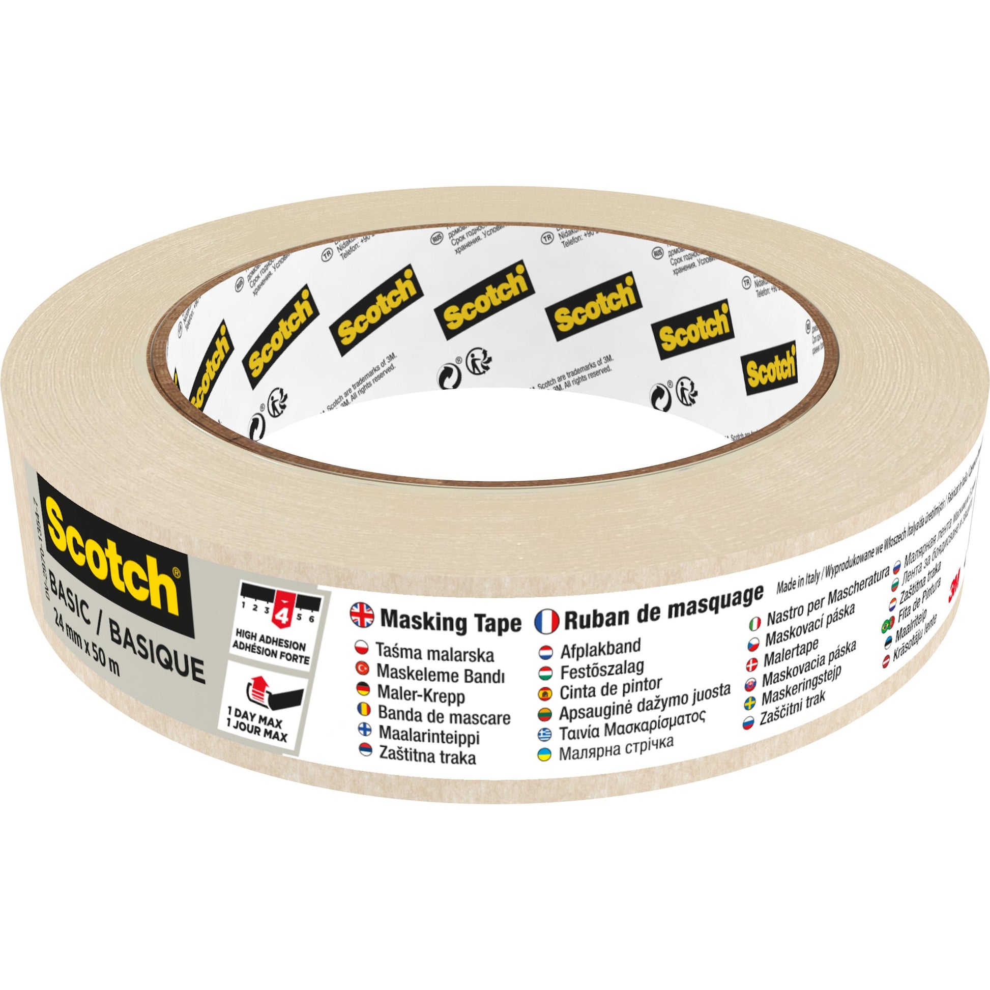 Eine Rolle Scotch® Abdeckband Basic, 50 m von 3M Deutschland GmbH in beige. Das Etikett zeigt die Marke und "Abdeckband" in verschiedenen Sprachen mit Produktspezifikationen.