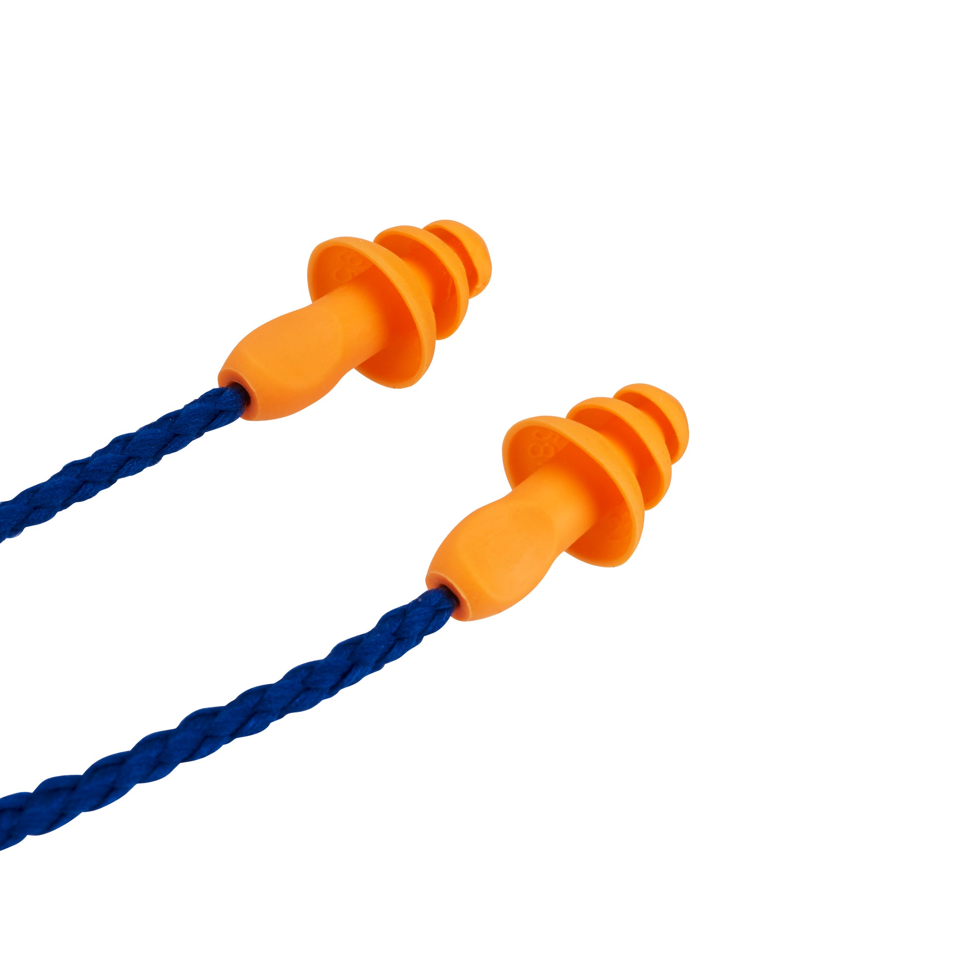 Der 3M™ Gehörschutzstöpsel mit Kordel 1271, orange mit Drei-Flansch-Design und blauer Kordel, SNR-Wert 26 dB, wiederverwendbar, von 3M Deutschland GmbH ist auf weißem Hintergrund abgebildet.