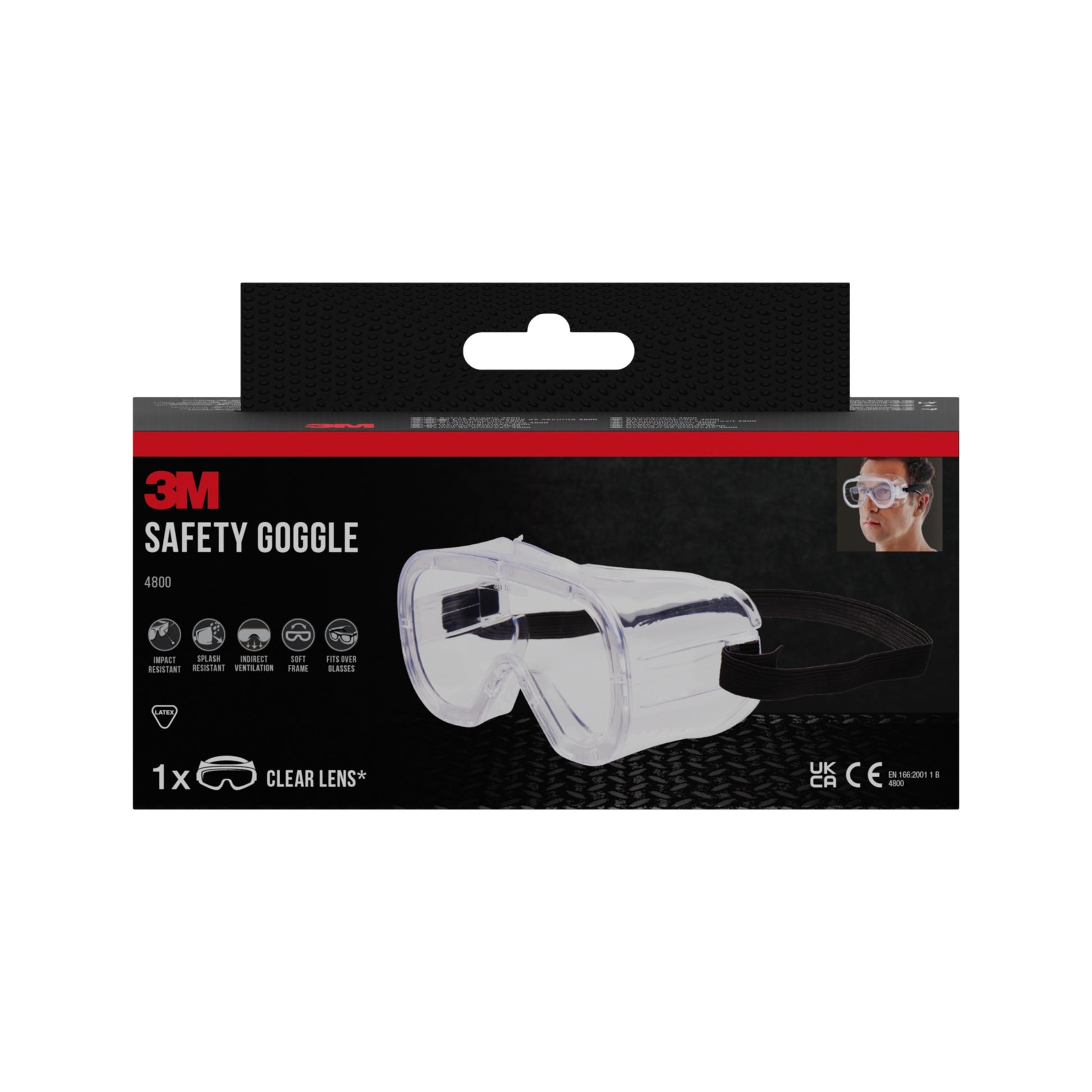Abgebildet ist eine Packung 3M™ Classic Schutzbrille 4800 der 3M Deutschland GmbH mit klaren Gläsern, indirekter Belüftung und einer Verpackung mit dem Produktbild, dem 3M-Logo, Sicherheitssymbolen und dem Foto einer Person, die die Schutzbrille trägt.