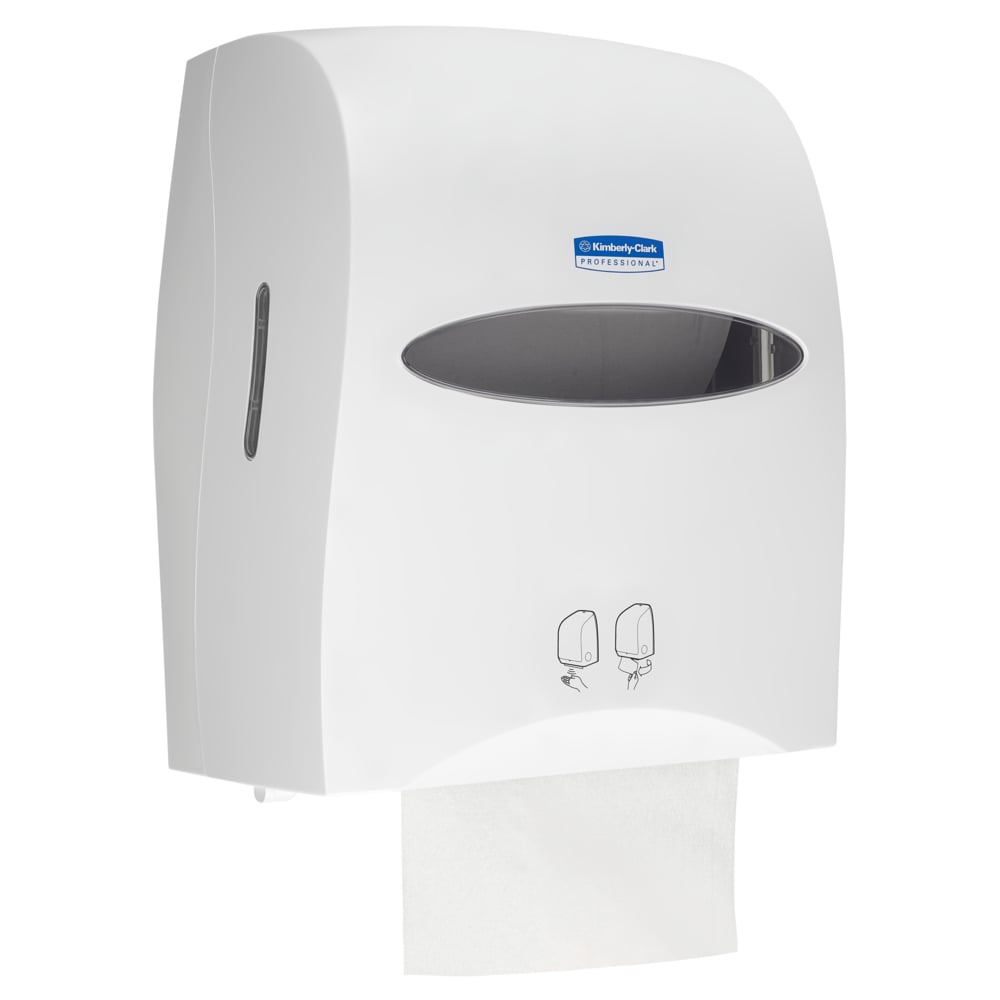 Der Kimberly-Clark Professional™ Elektronische No Touch Spender in Weiß ermöglicht hygienische Papierentnahme per Wandmontage, mit transluzenter Front, Papierausgabe unten und benutzerfreundlichen Icons.