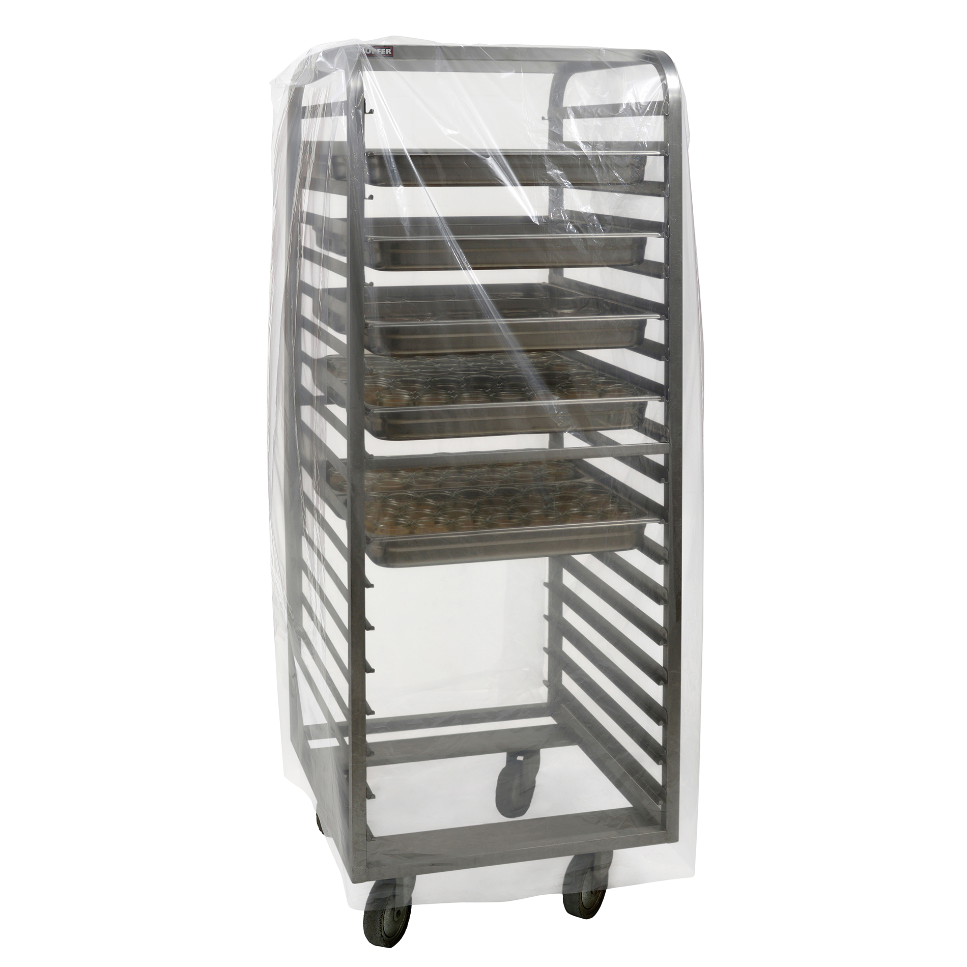 Abgebildet ist ein leeres Metall-Backregal auf Rädern, abgedeckt mit den DEISS 99823 Hordenwagenabdeckungen (950+750x1800x0,025 mm) der EMIL DEISS KG - die transparente Abdeckung bietet hygienischen Schutz und ist ideal für den industriellen Einsatz.