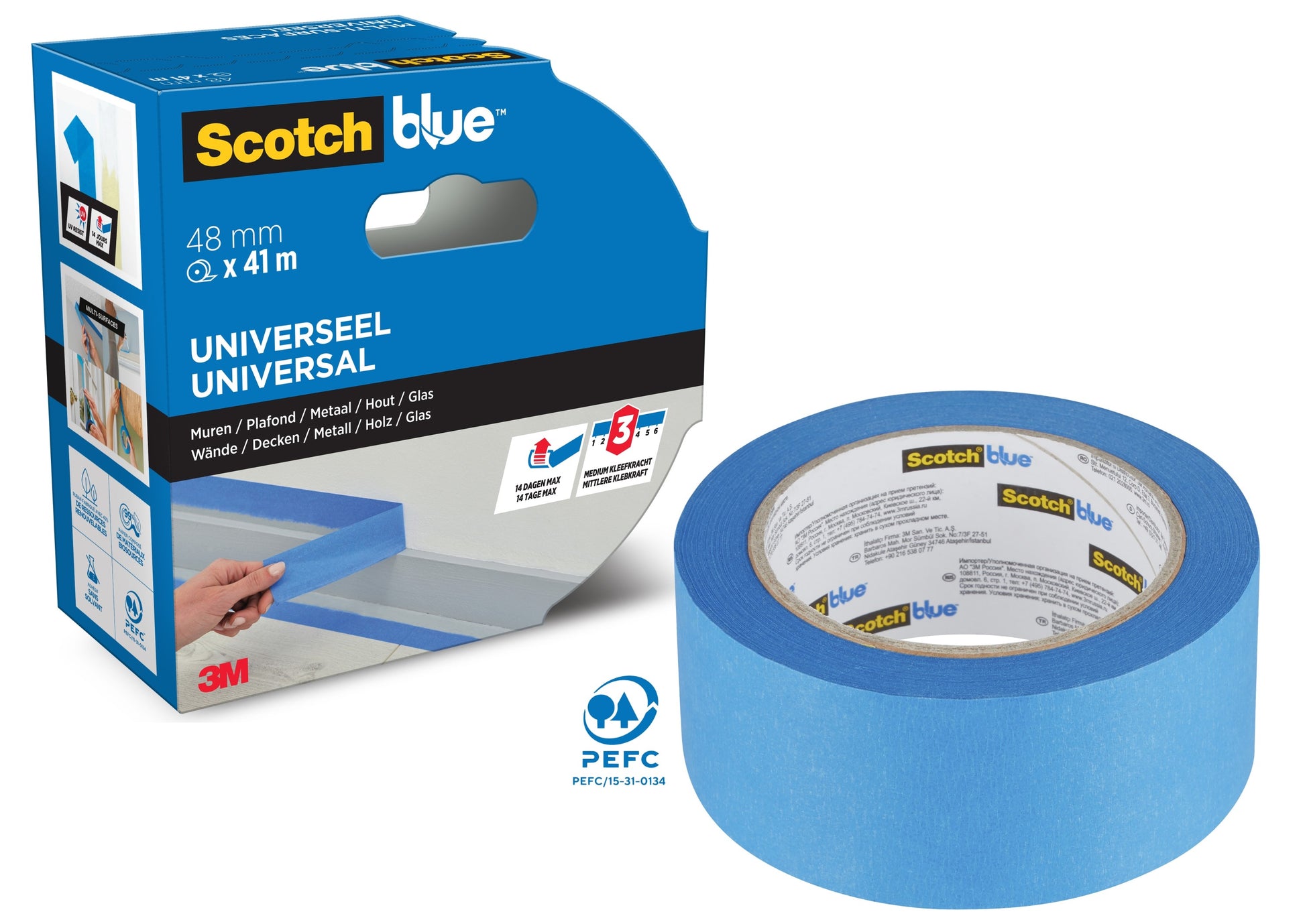 Eine Schachtel und eine Rolle ScotchBlue™ Malerabdeckband "Multi-Surface" (48mm x 41m) von 3M Deutschland GmbH. Die blaue Verpackung zeigt die Verwendung des Bandes auf verschiedenen Oberflächen, mit sichtbarer PEFC-Zertifizierung und 3M-Branding.