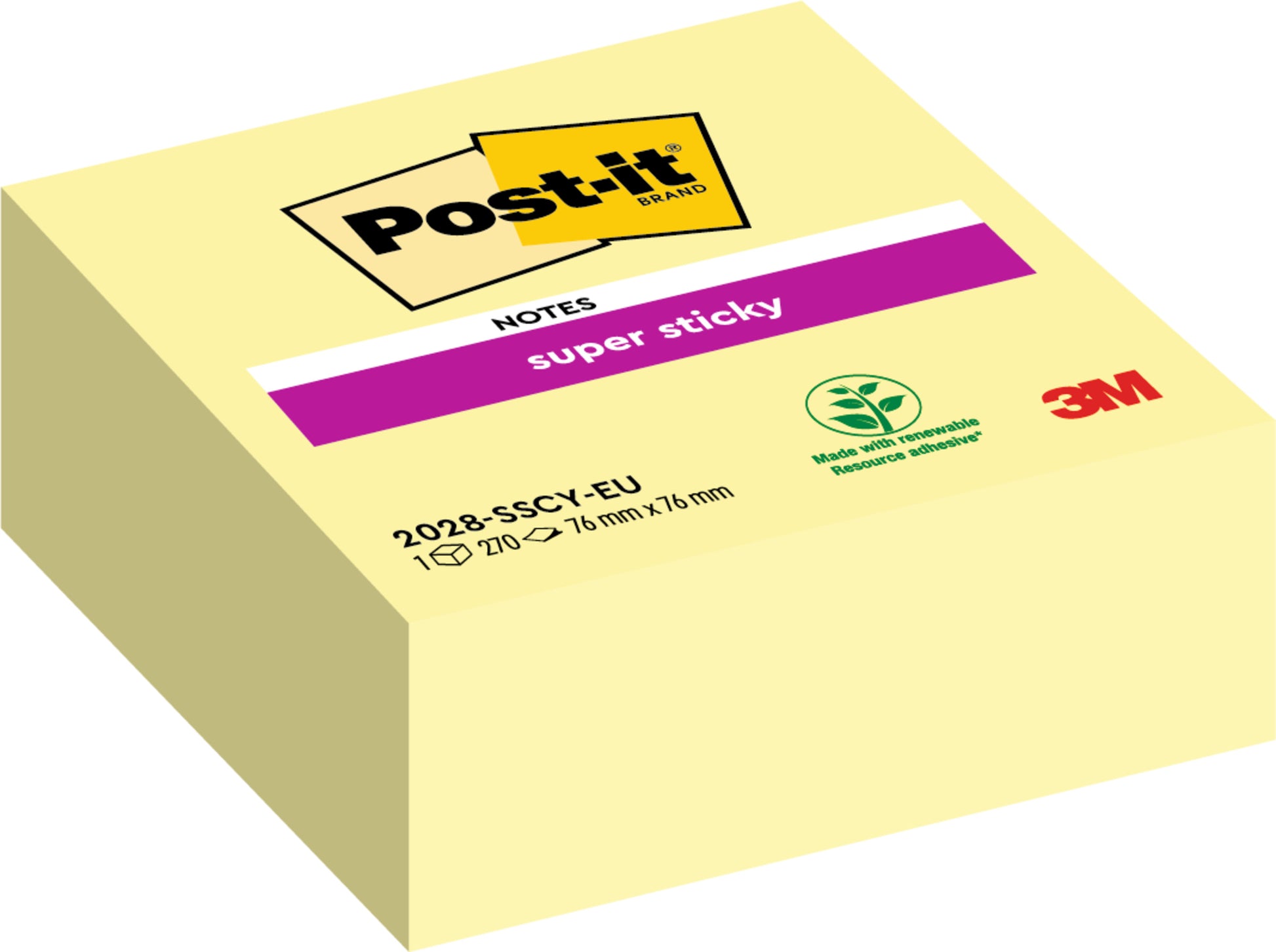 Ein gelber Stapel Post-it® Super Sticky Notes Würfel, 76x76mm von 3M Deutschland GmbH, zeigt das Post-it-Logo, das "Super Sticky"-Etikett, das Recycling-Symbol, den Umwelthinweis, den Produktcode 2028-SSC-Y-EU und ein 3M-Logo.
