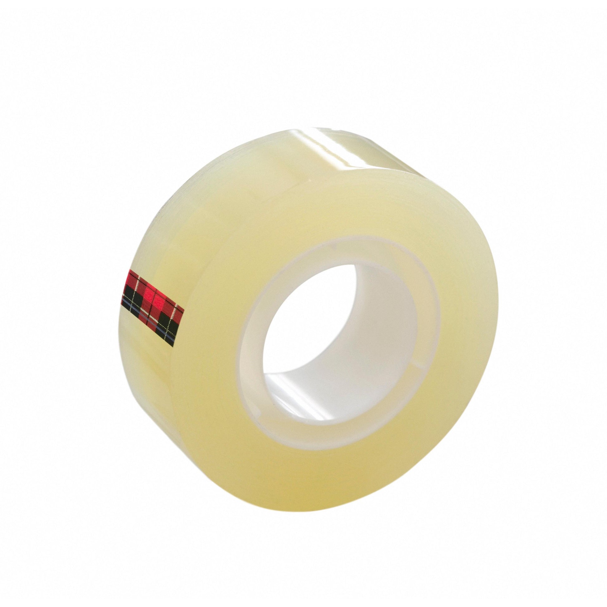 Abgebildet ist eine Rolle Scotch® Transparentes Klebeband 550 der 3M Deutschland GmbH mit weißem Kunststoffkern und einem kleinen rot-schwarz karierten Etikett auf weißem Hintergrund.