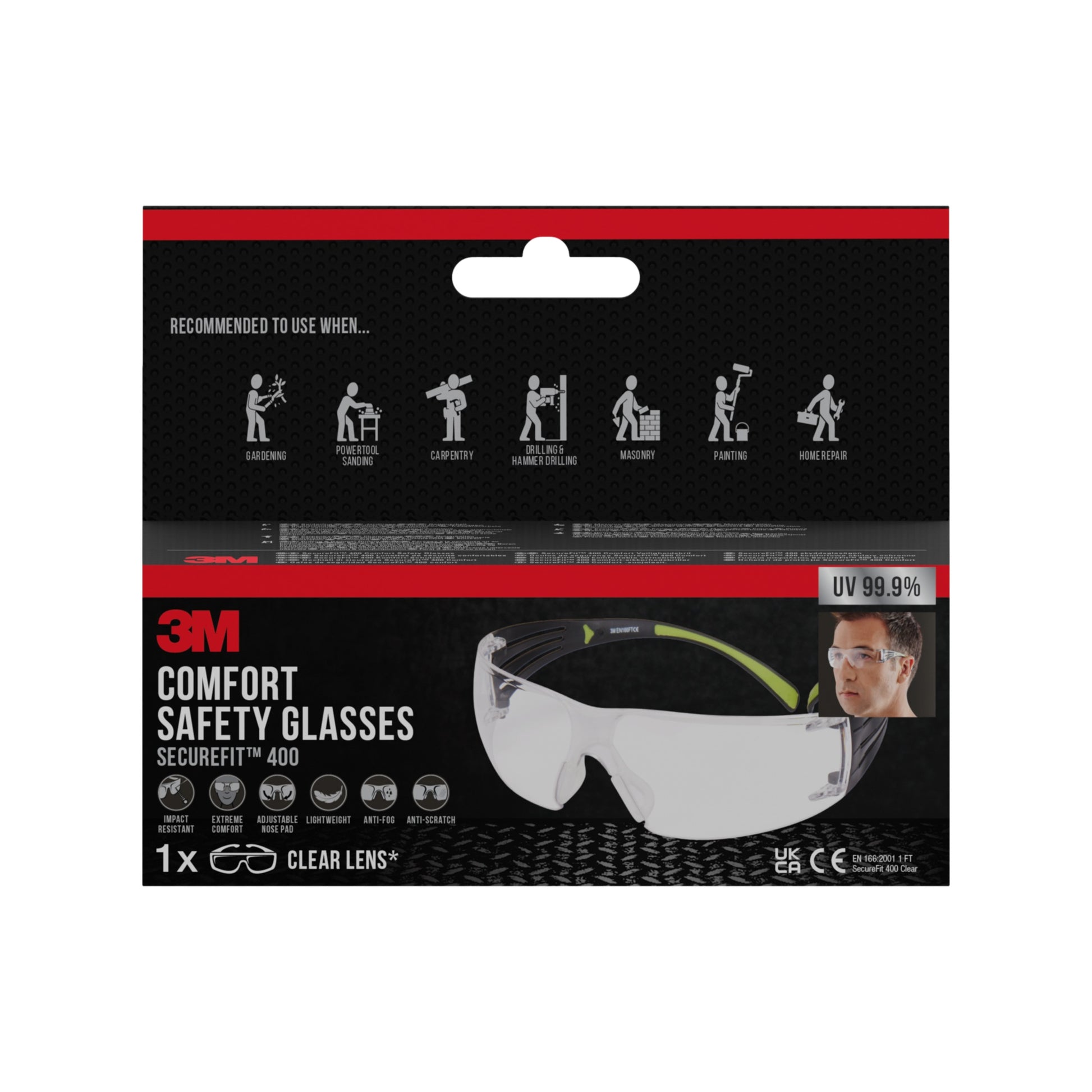 Eine Packung 3M™ SecureFit™ Schutzbrille 400 von 3M Deutschland GmbH mit klaren Gläsern, ideal für Gartenarbeit, Schleifen, Schreinerei, Umgang mit Gefahrstoffen und Malerarbeiten. Bietet 99,9 % UV-Schutz.