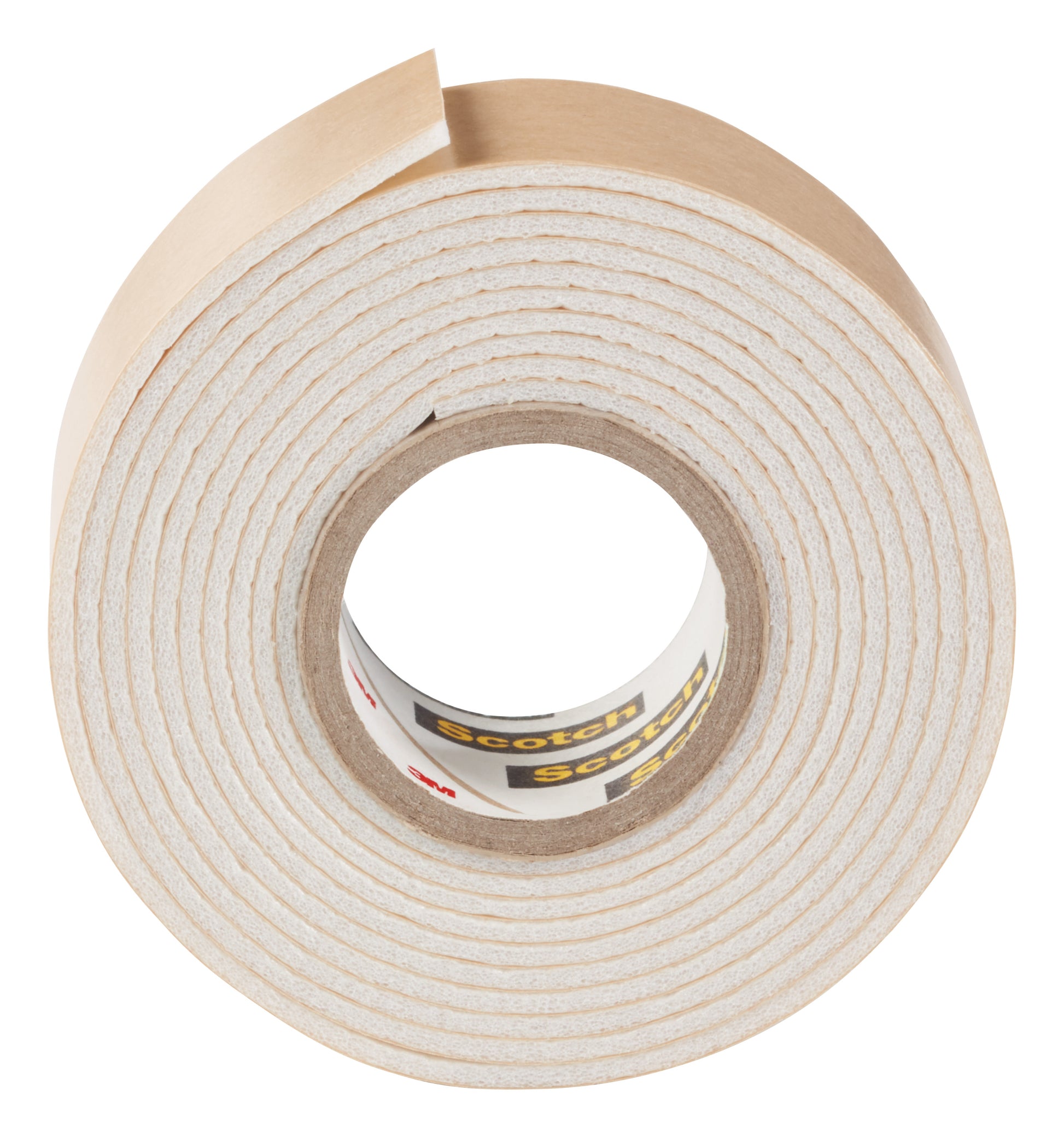 Eine Rolle 3M Deutschland GmbH Scotch-FIX™ Spiegelmontageband 4496W mit teilweise abgezogener brauner Rückseite ist von oben auf weißem Hintergrund zu sehen, spiralförmig gewickelt, mit sichtbarem Markenetikett im Inneren des Kerns.