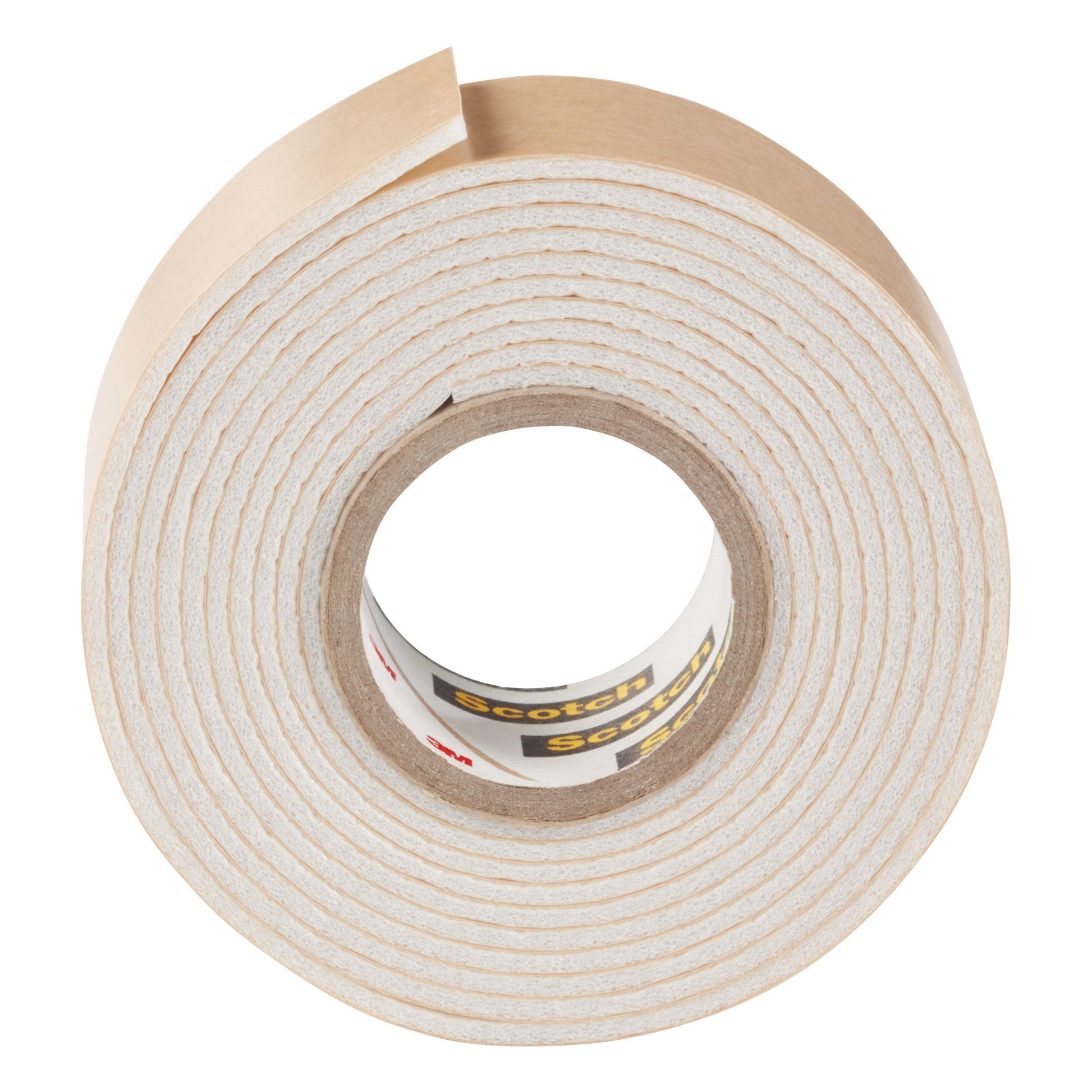 Eine Rolle 3M Deutschland GmbH Scotch-FIX™ Spiegelmontageband 4496W mit teilweise abgezogener brauner Rückseite ist von oben auf weißem Hintergrund zu sehen, spiralförmig gewickelt, mit sichtbarem Markenetikett im Inneren des Kerns.