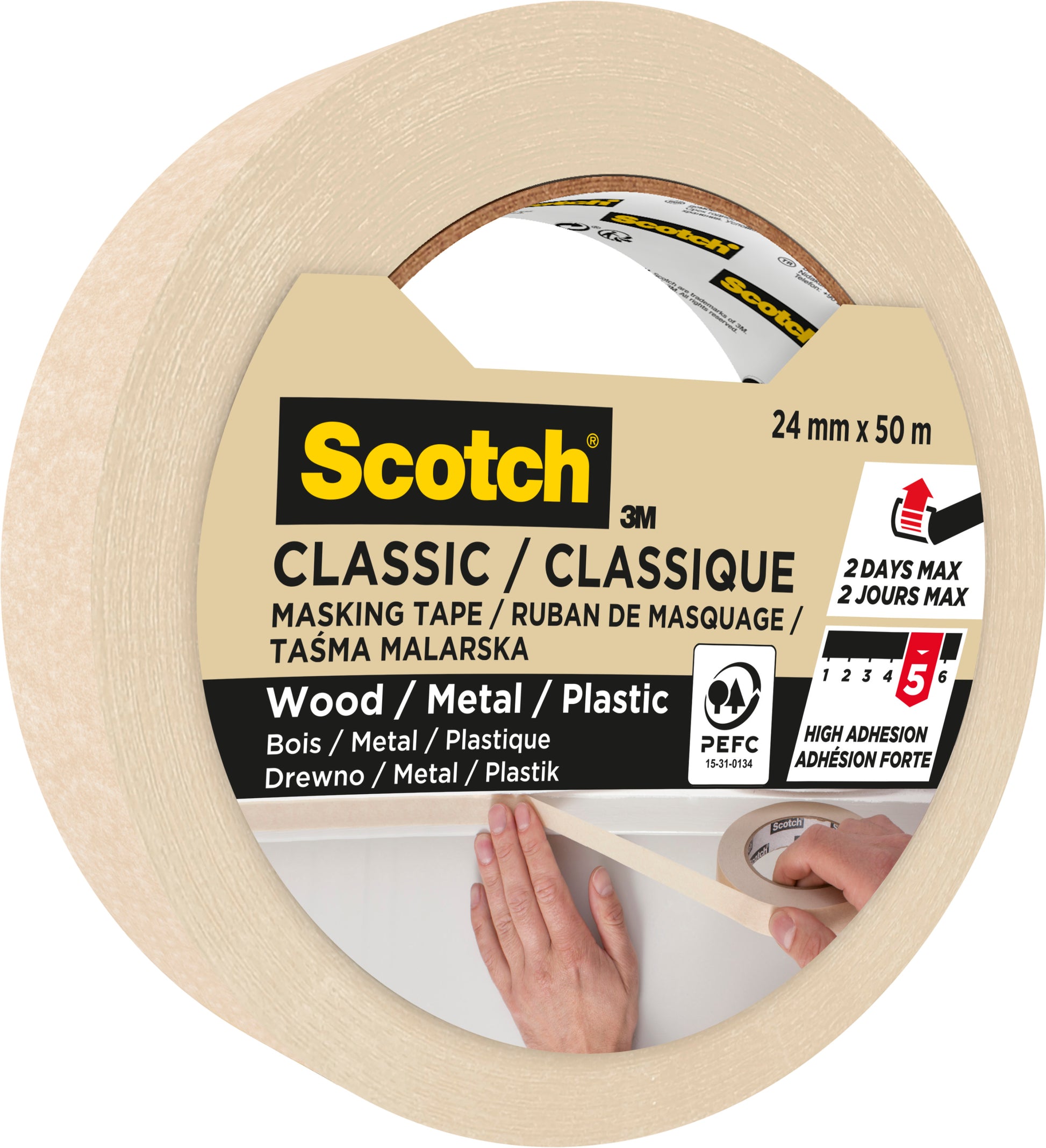 Scotch® Classic Abdeckband von 3M Deutschland GmbH, Rolle 24 mm x 50 m, für die Anwendung auf Holz, Metall und Kunststoff, mit hoher Klebkraft und max. 2 Tagen Anwendungsdauer. Die Packung enthält 1 Rolle, PEFC-zertifiziert (70%).