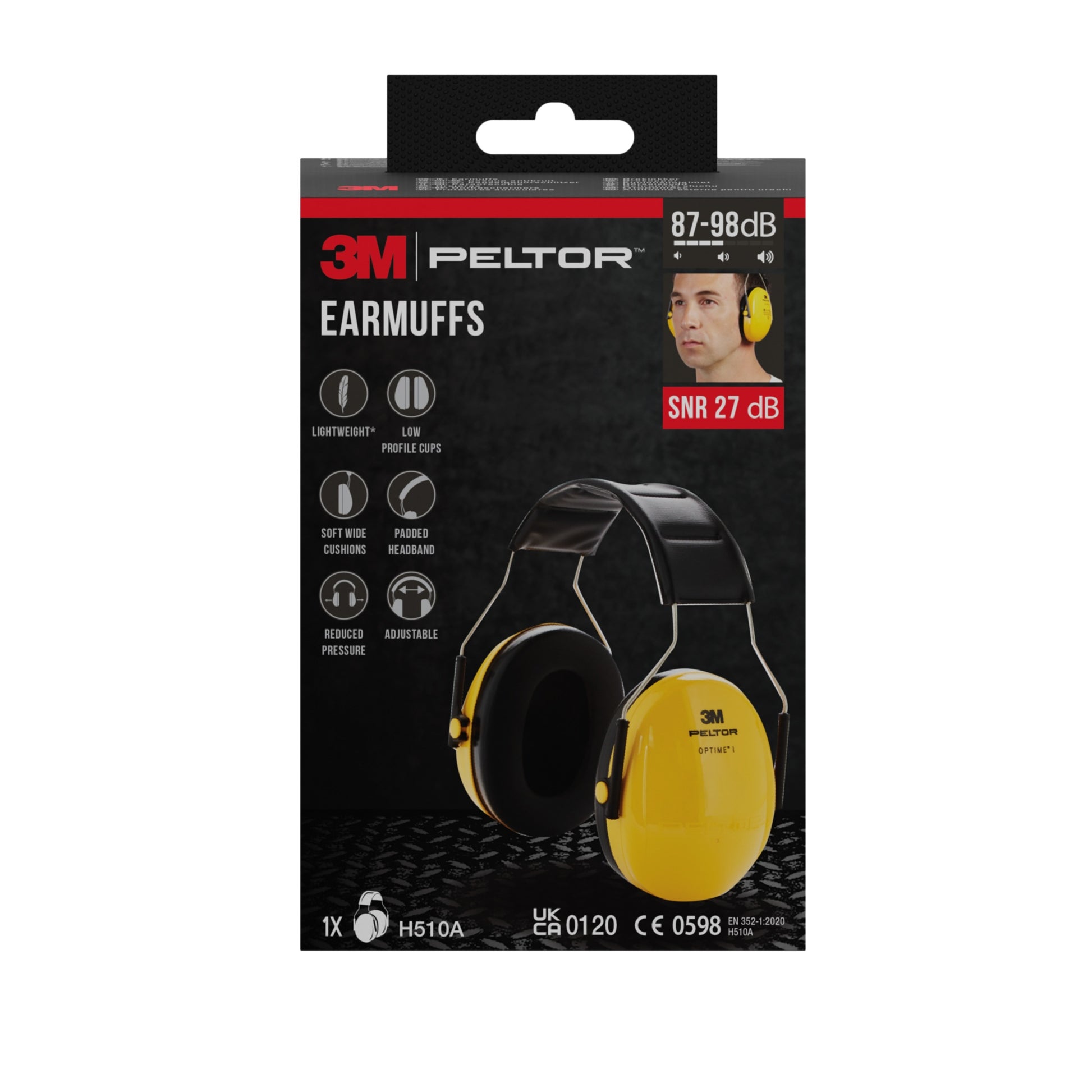 Vorderansicht einer 3M™ PELTOR™ Optime™ I H510A Box von 3M Deutschland GmbH, zeigt gelbe Kapselgehörschützer mit SNR 27 dB, leicht und mit verstellbarer Passform; Packung enthält 1 Stück.