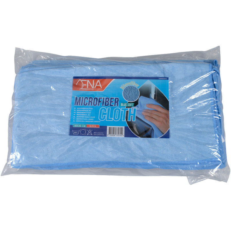 In einer durchsichtigen Plastikverpackung befindet sich ein gefaltetes blaues Mikrofasertuch ENA Soft (40x40 cm) von Abena Re-Seller GmbH. Auf dem Etikett steht "Mikrofasertuch" mit einem Bild der Hände Reinigung, ideal für die Autopflege und gründliche Reinigung.