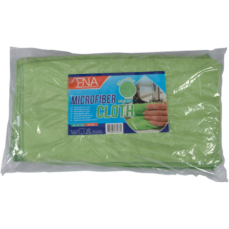 Das Abena Re-Seller GmbH Mikrofasertuch ENA Soft, 40x40 cm, ist ein grünes Mikrofasertuch in klarem Kunststoff mit einem blau-roten "Mikrofasertuch"-Etikett, das eine Handreinigung zeigt - eine perfekte Wahl für Reinigung und Autopflege.
