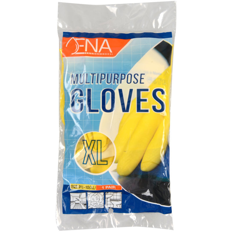 Eine durchsichtige Kunststoffverpackung enthält 1 Paar ENA Mehrzweck Haushaltshandschuhe Latex, Gelb, Größe XL von Abena Re-Seller GmbH. Die Verpackung hat eine blaue und gelbe Grafik mit der Aufschrift "Mehrzweck Handschuhe".