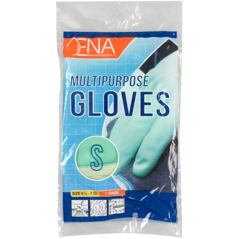 Eine Packung ENA Multipurpose Haushaltshandschuhe Latex, Gelb von Abena Re-Seller GmbH, Größe klein, zeigt einen gelben Handschuh und zeigt Text und Grafiken auf blauem Hintergrund, die ein Paar enthalten.