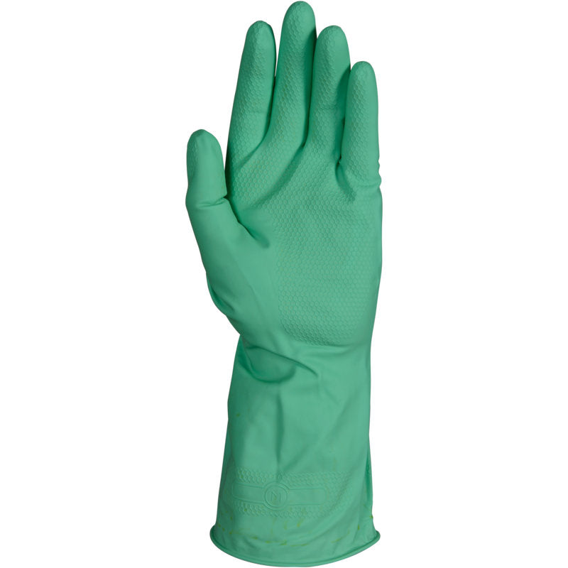 Ein einzelner gelber ENA Multipurpose Haushaltshandschuh der Abena Re-Seller GmbH ist aufrecht mit der Handfläche zum Betrachter hin abgebildet. Der Latexhandschuh weist eine strukturierte Oberfläche an Fingern und Handfläche auf, die über das Handgelenk hinausreicht.