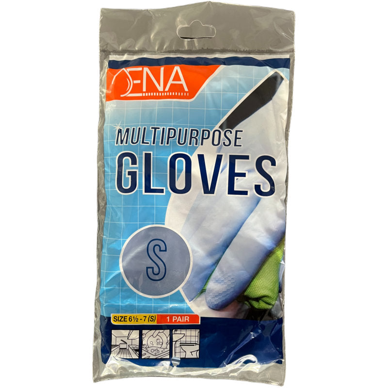 Eine Packung ENA Multipurpose Haushaltshandschuhe Latex, Gelb, Größe S (6½-7), ein Paar, von Abena Re-Seller GmbH. Die Verpackung mit klarem Deckel zeigt behandschuhte Hände auf blauem und grauem Hintergrund.