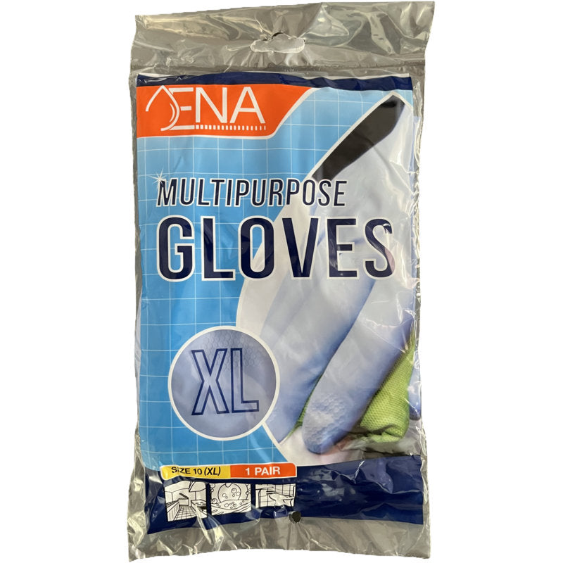 Eine Kunststoffverpackung mit der Aufschrift "ENA Multipurpose Haushaltshandschuhe Latex, Gelb" von Abena Re-Seller GmbH, mit der Abbildung von gelben Haushaltshandschuhen, "XL" und "Größe 10 (XL), 1 Paar" auf der Vorderseite auf einem dezent gitterartig gemusterten blauen Hintergrund.