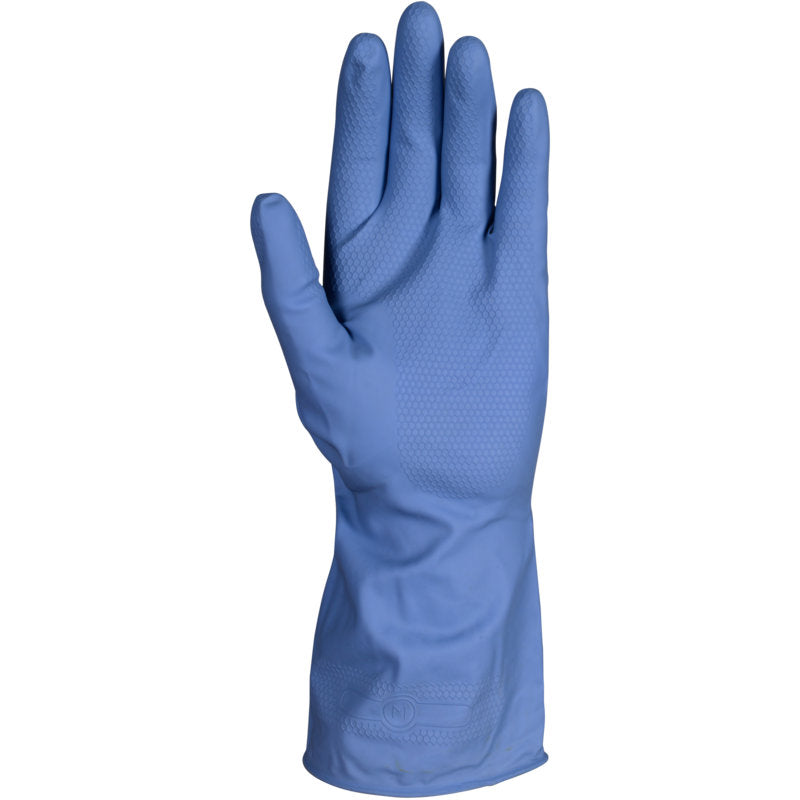 Ein einzelner gelber ENA Multipurpose Haushaltshandschuhe Latex von Abena Re-Seller GmbH steht aufrecht mit der Handfläche nach vorne auf einem schlichten weißen Hintergrund und zeigt eine leicht strukturierte Oberfläche auf der Handfläche und den Fingern.