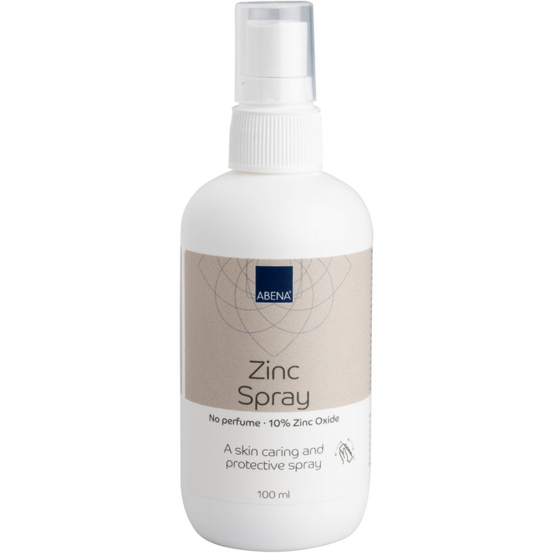 Eine weiße 100-ml-Plastiksprühflasche mit der Aufschrift "Zinkspray, 10% Zinkoxid" von Abena Re-Seller GmbH. Auf dem Etikett steht "Ohne Parfüm" und wirbt für Hautpflege und -schutz. Erhältlich im 6er-Karton. Ideal für die sanfte Anwendung.