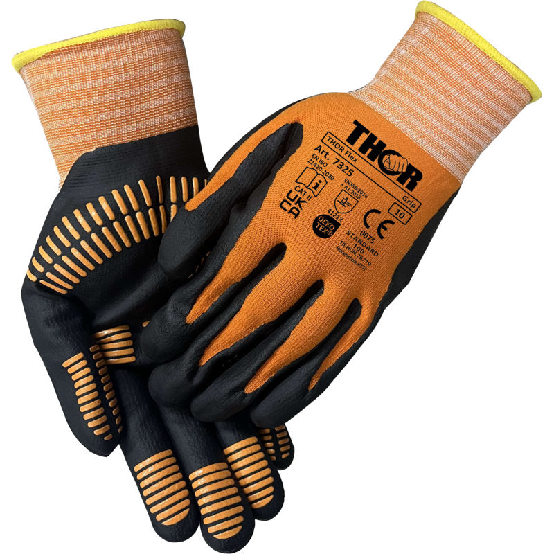 Ein Paar orange-schwarze Thor Flex Multigrip Arbeitshandschuhe mit gelben Stulpen und schwarzen Grifflinien. Ein Handschuh trägt den Markennamen Abena Re-Seller GmbH zusammen mit Sicherheitszertifizierungen und Spezifikationen.