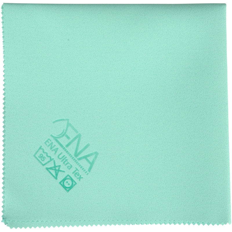 Das ENA Ultra Tex PU Tuch von Abena Re-Seller GmbH ist ein hellgrünes 38x37 cm großes Mikrofaser-Reinigungstuch mit Zickzack-Kanten, aufgedruckten Pflegesymbolen und "ENA Ultra Tex" in der Ecke - perfekt für die streifenfreie Reinigung.