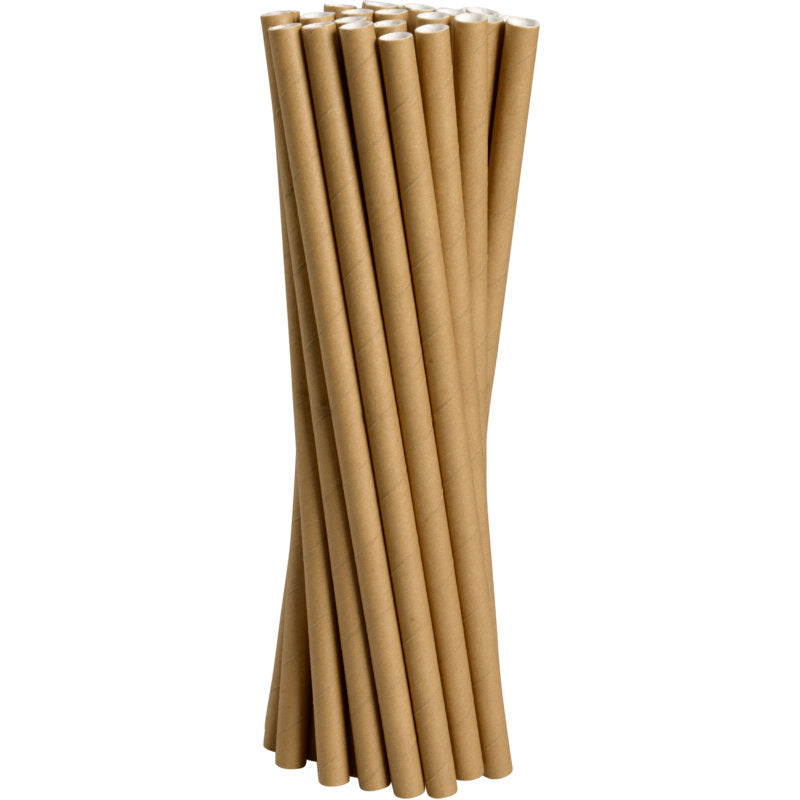 Ein Bündel Jumbo Trinkhalme Papier, Braun von Abena Re-Seller GmbH ist schräg angeordnet, wobei die weißen Innenflächen der umweltfreundlichen Strohhalme oben sichtbar sind.