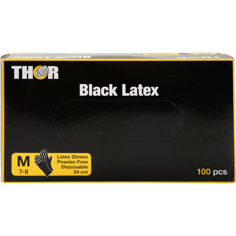 Eine schwarze Schachtel mit der Aufschrift "Thor Black Latex, Puderfrei" der Abena Re-Seller GmbH enthält 100 schwarze, puderfreie Einweg-Latexhandschuhe (Größe M, 24 cm). Die Vorderseite zeigt ein Handsymbol und Angaben in einem gelben Kasten.