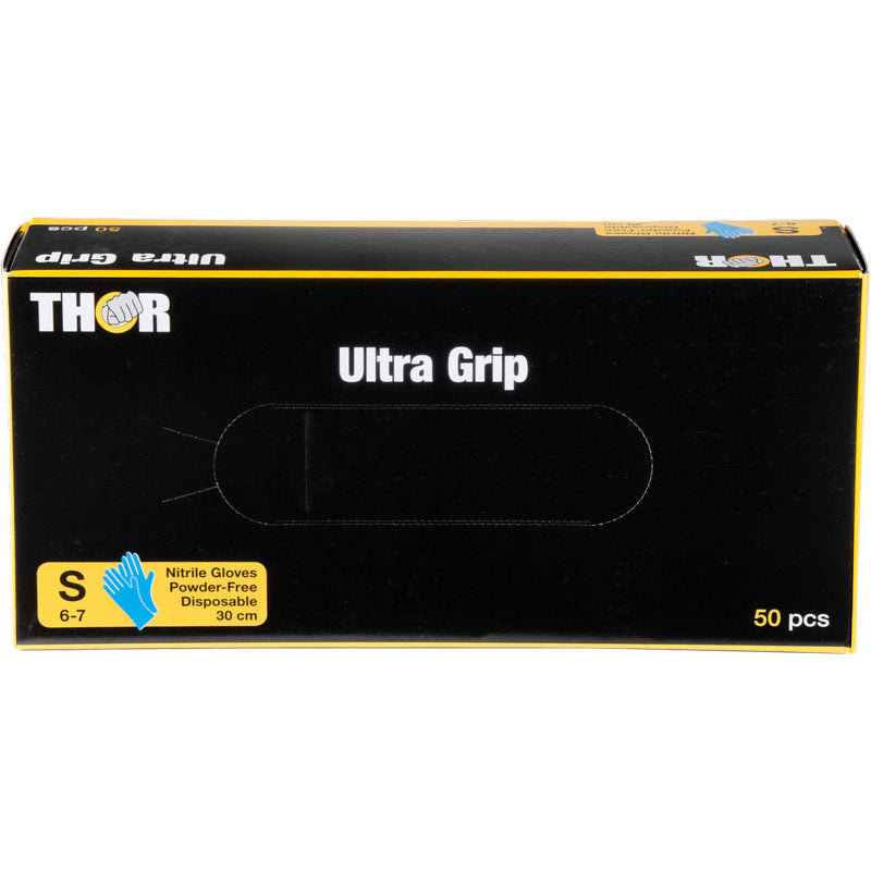 Eine schwarze Schachtel mit gelben Akzenten und einem blauen Handschuhbild enthält 50 kleine, puderfreie Einweghandschuhe Thor Ultra Grip Long Nitril (30 cm, blau) der Abena Re-Seller GmbH.