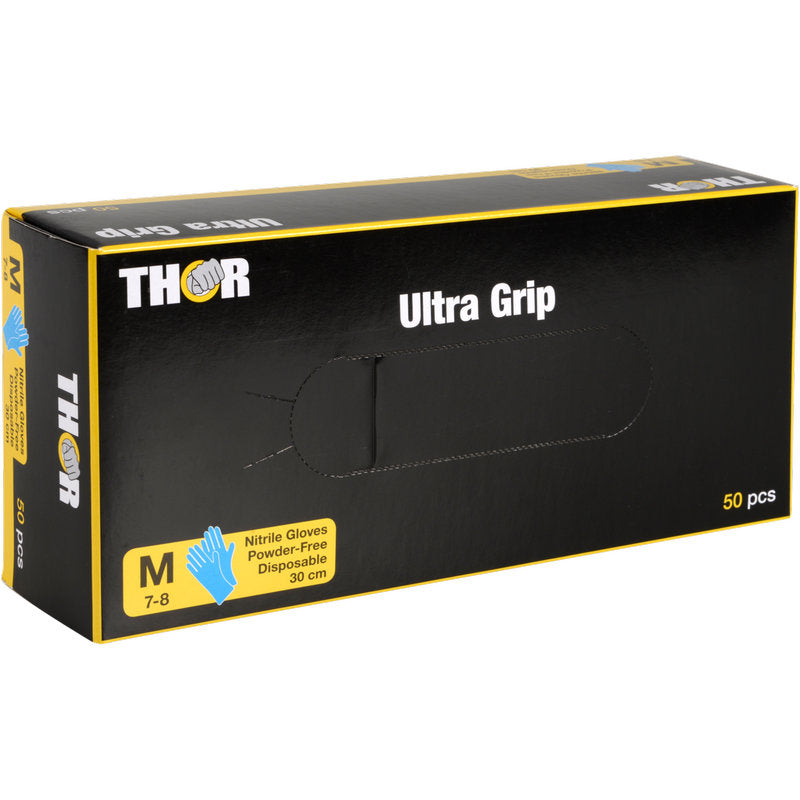 Eine blaue Schachtel mit der Aufschrift "Thor Ultra Grip Long" der Abena Re-Seller GmbH enthält 50 mittelgroße, puderfreie blaue Nitrilhandschuhe (30 cm, Größe 7-8), auf deren Vorderseite ein Handschuh abgebildet ist.