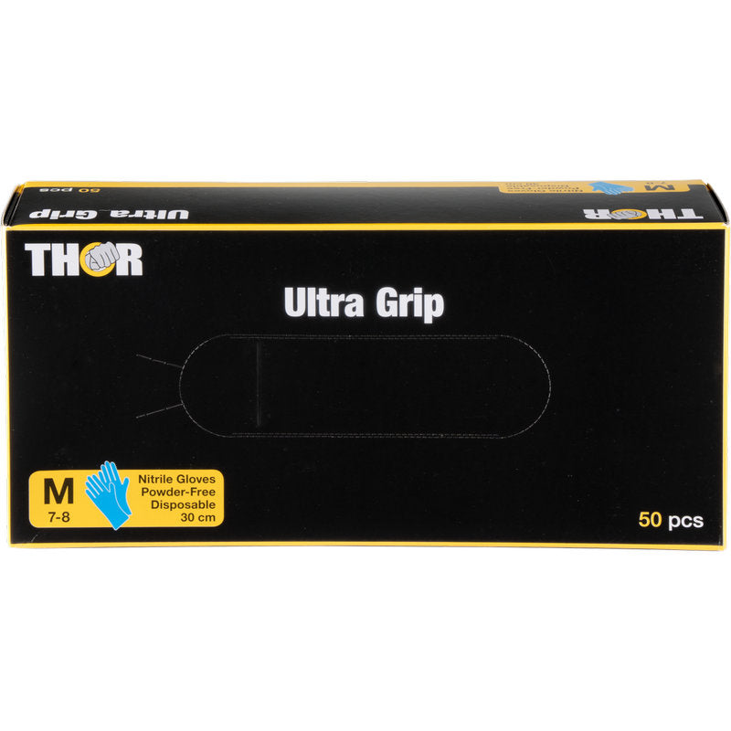 Eine schwarz-gelbe Schachtel der Abena Re-Seller GmbH mit der Aufschrift "Thor Ultra Grip Long, Nitril-Handschuhe, 30 cm, Blau" enthält 50 mittelgroße (7-8), puderfreie, blaue Einmalhandschuhe; ein blaues Handsymbol zeigt den Handschuhtyp an.