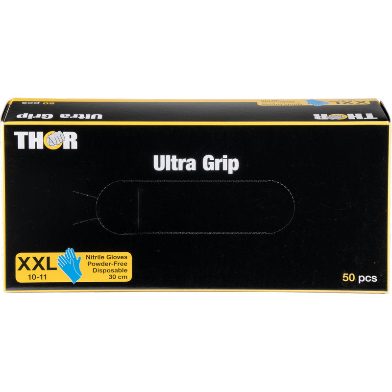 Eine rechteckige schwarze Schachtel der Abena Re-Seller GmbH mit der Aufschrift "Thor Ultra Grip Long" enthält 50 blaue XXL-Nitril-Handschuhe (30 cm, puderfrei, Einmalhandschuhe) mit einem gelben Etikett und einem blauen Handschuhbild in der linken unteren Ecke.