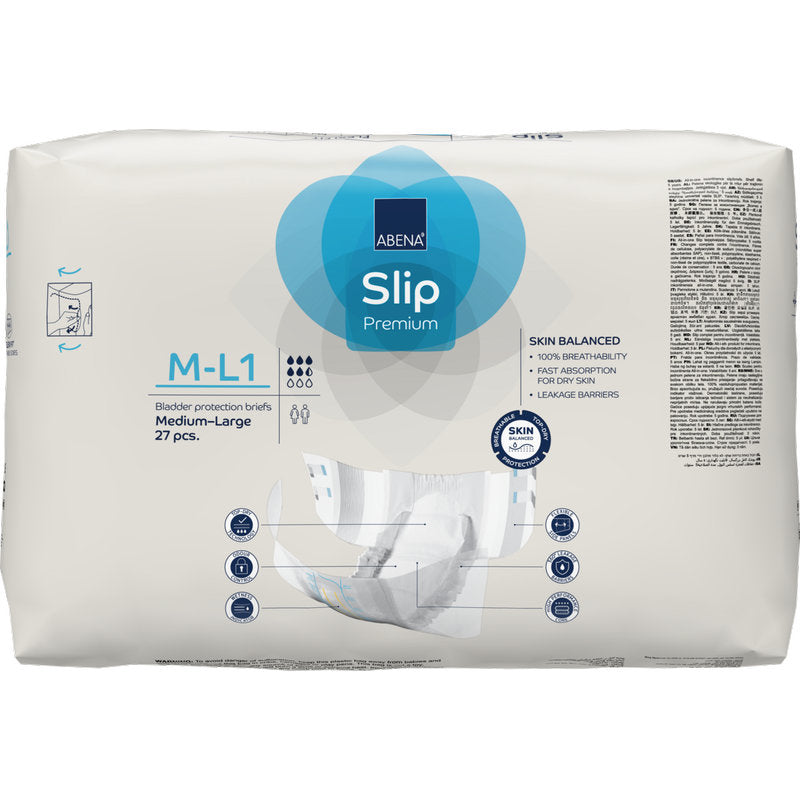 Eine Packung ABENA Slip Flexi Fit M-L Premium von Abena Re-Seller GmbH, bestehend aus 27 Stück. Die weiße Verpackung mit blauen und grauen Akzenten hebt die Produktinformation hervor und bietet eine flexible Passform für optimalen Komfort.