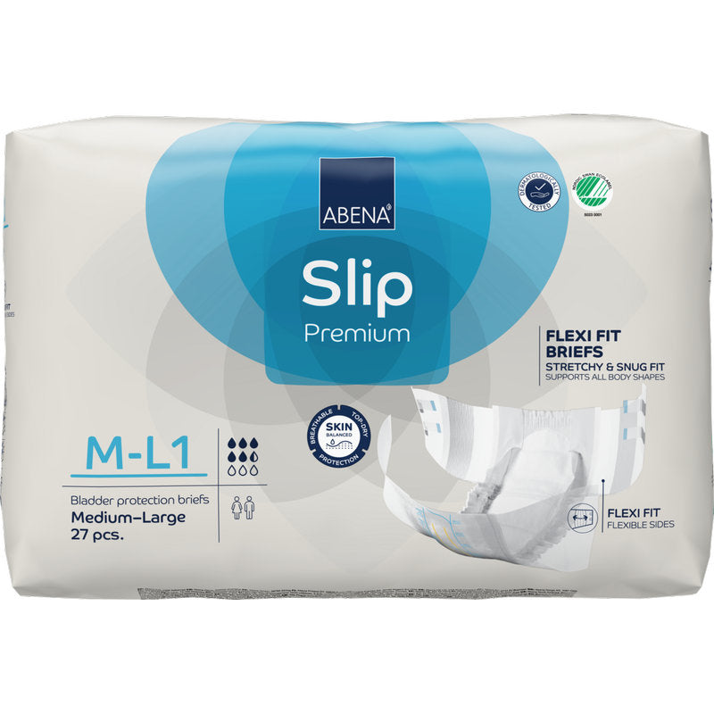 Eine Packung ABENA Slip Flexi Fit M-L Premium von Abena Re-Seller GmbH, 27 Stück, bietet flexible Passform und Hautschutz. Die Verpackung zeigt auf der rechten Seite eine Produktabbildung des Slips.