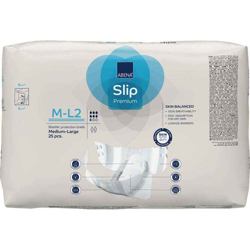 Eine 25er-Packung ABENA Slip Flexi Fit M-L Premium Inkontinenzslips für Erwachsene von Abena Re-Seller GmbH. Die überwiegend weiße Verpackung mit blauen Akzenten sorgt für eine flexible Passform und eine klare Produktinformation auf der Vorderseite.