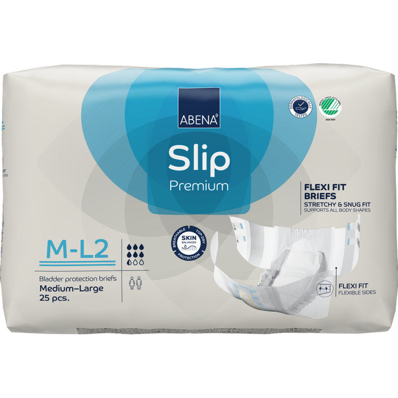 ABENA Slip Flexi Fit M-L Premium von Abena Re-Seller GmbH, Packung mit 25 Slips für Erwachsene. Bietet flexible Passform und Premium-Qualität, mit Saugfähigkeitssymbolen und Branding auf weißem und blauem Hintergrund.