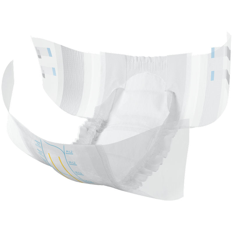 Die ABENA Slip Flexi Fit M-L Premium von Abena Re-Seller GmbH ist eine Erwachsenenwindel mit flexibler Passform, elastischen Bündchen, saugstarker Polsterung und Nässeindikator - offen präsentiert vor weißem Hintergrund.