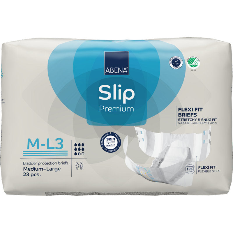 Eine Packung ABENA Slip Flexi Fit M-L Premium von Abena Re-Seller GmbH, 23 Stück. Die Verpackung hebt Premium-Qualität, flexible Passform, Hautschutz und hohe Saugfähigkeit mit Bildern und Icons hervor.