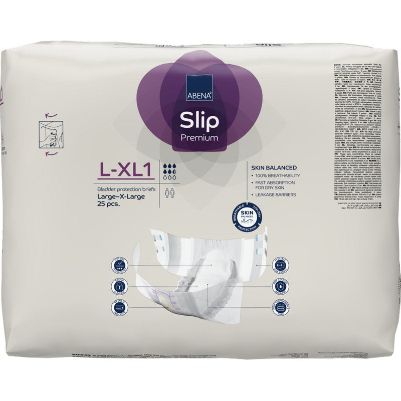 Eine Packung ABENA Slip Flexi Fit M-L Premium von Abena Re-Seller GmbH enthält 25 Inkontinenzslips. Die weiße Verpackung mit lila Akzenten hebt die flexible Passform und die wichtigsten Produktdetails auf der Vorderseite hervor.