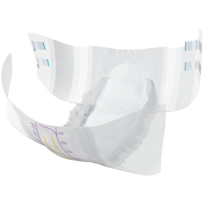 Die ABENA Slip Flexi Fit M-L Premium von Abena Re-Seller GmbH ist eine Inkontinenzwindel für Erwachsene mit flexibler Passform, elastischen Beinbündchen, weißem Saugkern sowie blauen und violetten Markierungsstreifen.