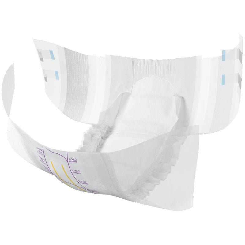 Die ABENA Slip Flexi Fit M-L Premium von Abena Re-Seller GmbH ist eine offene Inkontinenzwindel für Erwachsene mit elastischen Beinabschlüssen und Bund für eine flexible Passform sowie aufgedruckten Größenangaben und blauen Klebelaschen an den Seiten.
