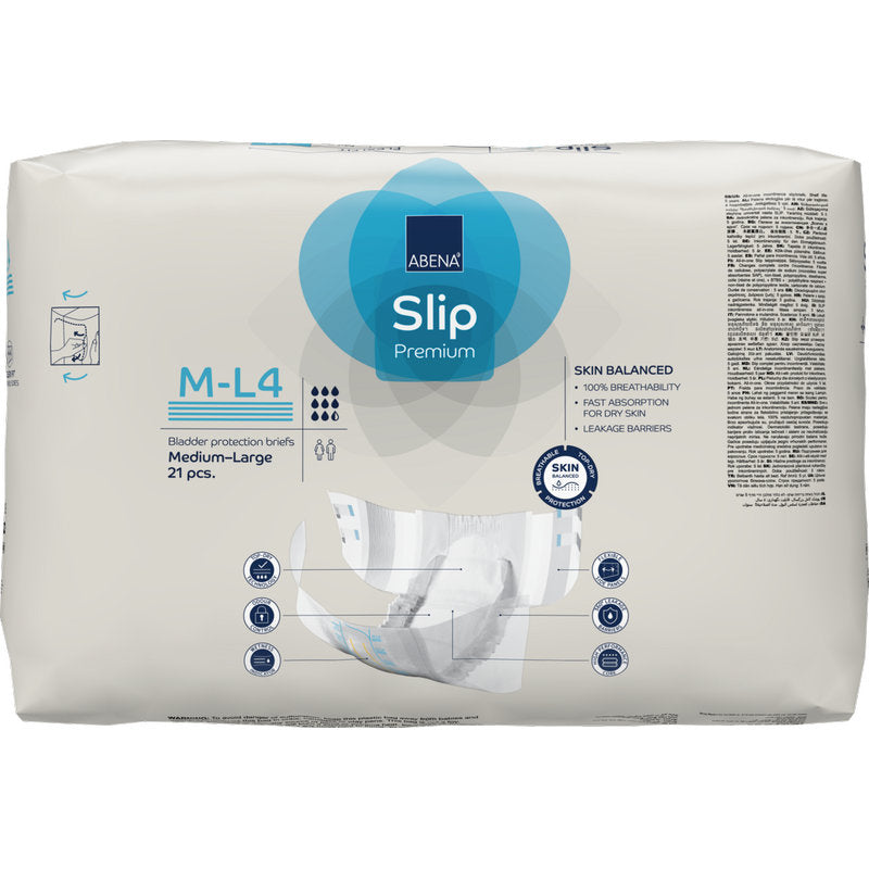 Eine Packung ABENA Slip Flexi Fit M-L Premium von Abena Re-Seller GmbH (21 Stück) für Erwachsene, Größe medium-large, bietet Premium-Qualität und flexible Passform. Die Verpackung hat ein überwiegend weißes Design mit blauen und grauen Akzenten.